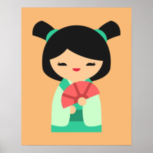 pink aqua Kokeshi Japanese dolls Poster