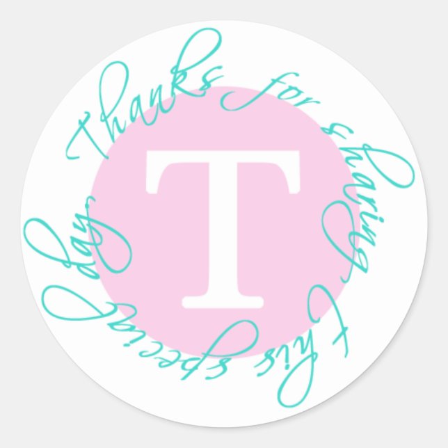 Pink, Aqua Monogram T Thank You Sticker 5 (Front)