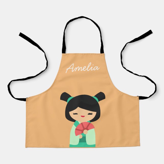 Pink aqua peach Kokeshi Japanese dolls Apron (Front)