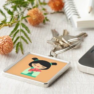 Pink aqua peach Kokeshi Japanese dolls Key Ring