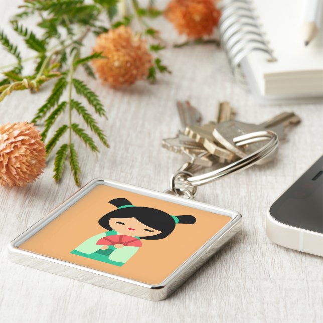 Pink aqua peach Kokeshi Japanese dolls Key Ring (Side)