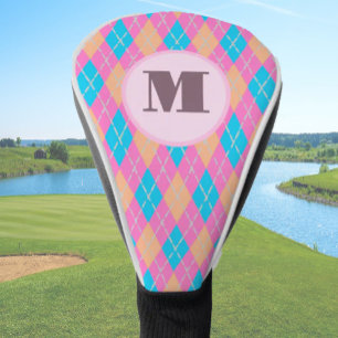 Pink Aqua preppy argyle custom monogram ladies Golf Head Cover