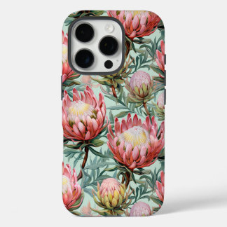 Pink Aqua Protea Flowers Fynbos Tiled Print Design iPhone 16 Pro Case