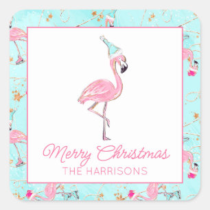 Pink & Aqua Santa Flamingo Beach Christmas Gift Square Sticker