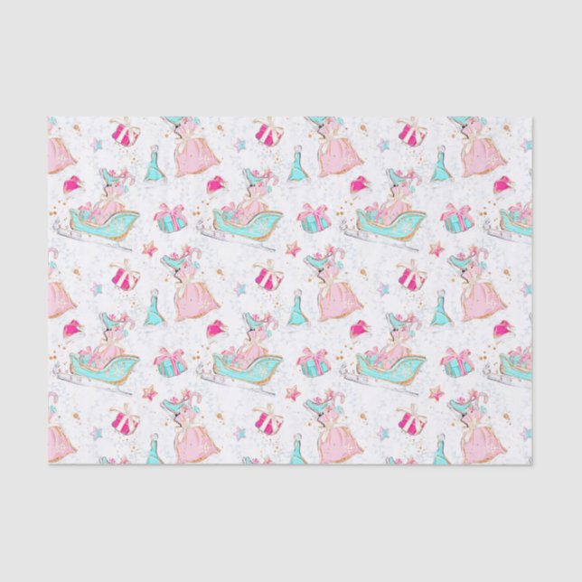 Pink & Aqua Skating & Santa Bags Christmas Tissue Paper (Front)
