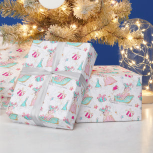 Pink & Aqua Skating & Santa Bags Christmas Wrapping Paper