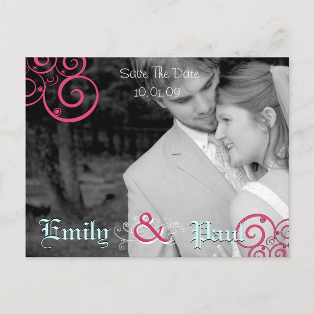Pink & Aqua Swirls Save The Date with Your Photo Announcement Postcard (Front)