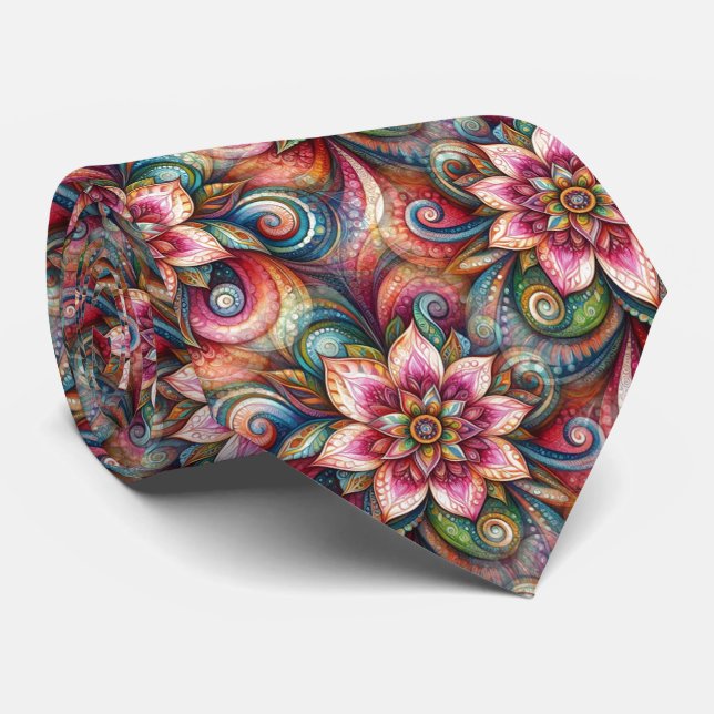Pink Aqua Teal Blue Green Orange Paisley Pattern Tie (Rolled)