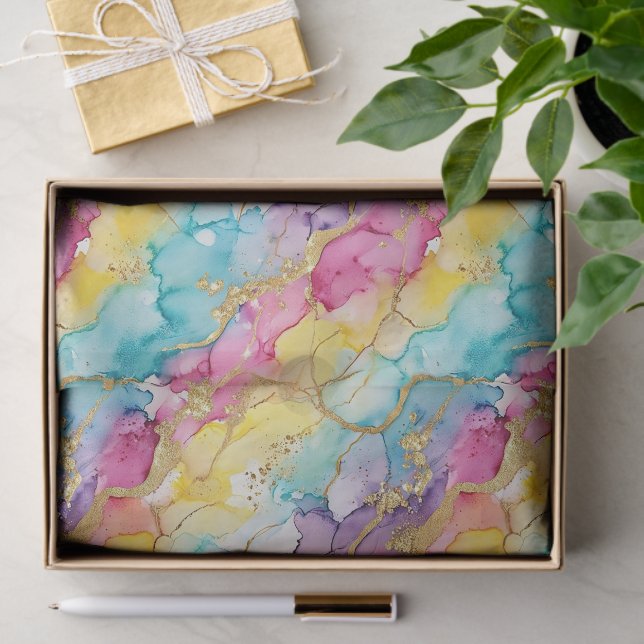 Pink Aqua Turquoise Yellow Purple Gold Marble Tissue Paper (Gift)