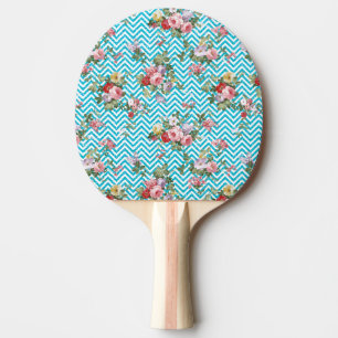 Pink Aqua Vintage Floral Chevron Glitter Print Ping Pong Paddle