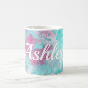 Pink Aqua Watercolor Wash & Customisable Name Mug