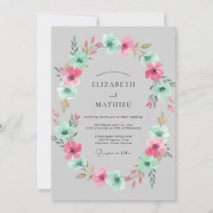 Pink Aqua Wreath Wedding Invitation