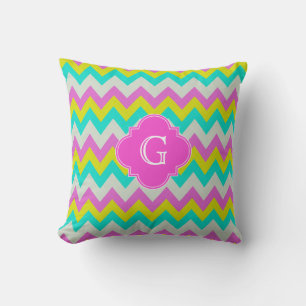 Pink Aqua Yellow Wht Chevron Quatrefoil Monogram Cushion