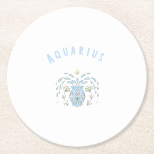 Pink Aquarius, zodiac, star sign print Round Paper Coaster