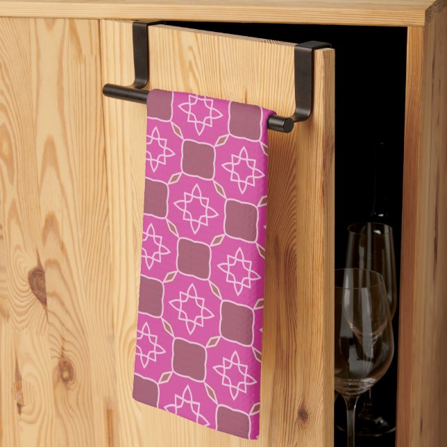 Pink Arabesque Star Floral Seamless Pattern Tea Towel (Thirds Fold)