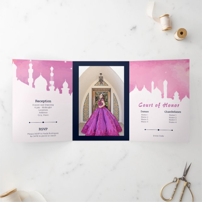 Pink Arabian Nights Watercolor Quinceañera Tri-Fold Invitation (Inside)