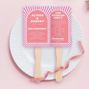 Pink arch and sunrays groovy wedding program hand fan