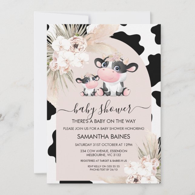 Pink Arch Floral Holy Cow Cow Print Baby Shower Invitation (Front)
