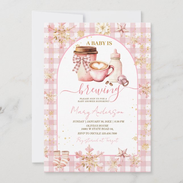 Pink Arch Gingham Baby Is Brewing Baby Shower Invitation (Front)