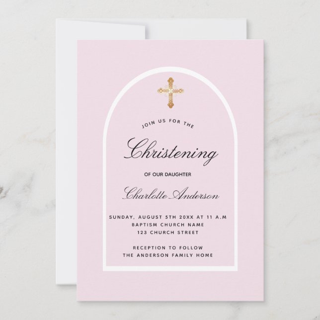 Pink arch gold cross girl simple Christening Invitation (Front)