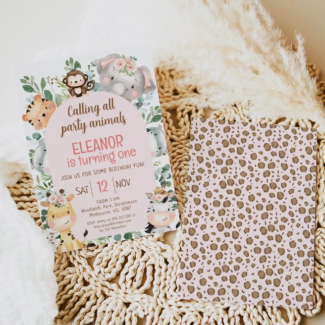 Pink Arch Safari Party Animals 1st Birthday Invitation (Modern pink arch safari themed, calling all party animals, girl's first birthday invitation.)