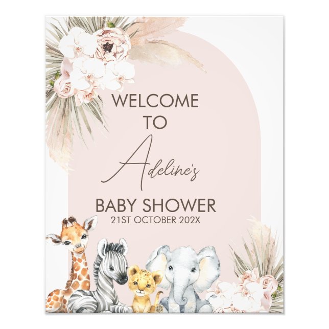 Pink Arch Safari Wild One Baby Shower Welcome Sign (Front)