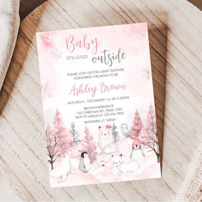 Pink Arctic Animals Baby Shower  Invitation (Girl Winter Baby Shower Invitation)