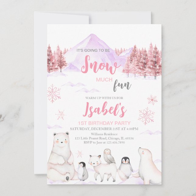 Pink Arctic Animals Birthday Invitation (Front)