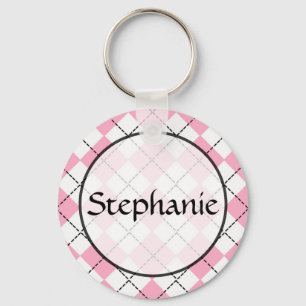Pink Argyle Customisable Name Button Keychain
