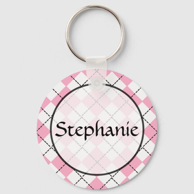 Pink Argyle Customisable Name Button Keychain (Front)