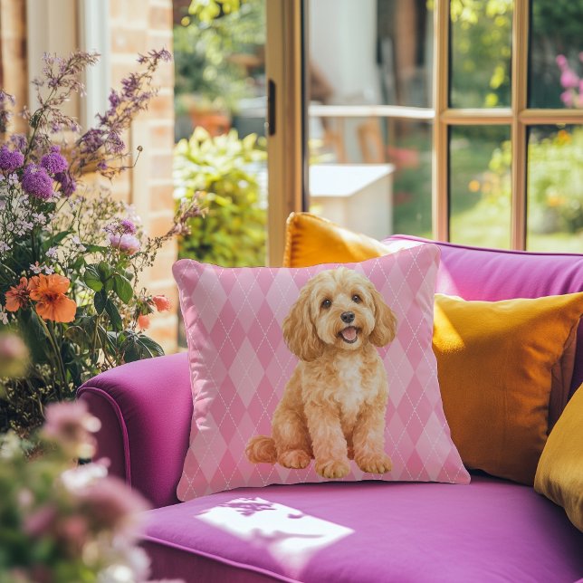 Pink Argyle Golden Cockapoo Throw Pillow (Creator Uploaded)