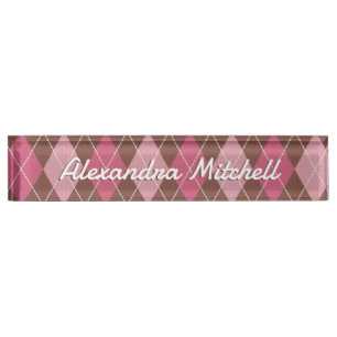 Pink Argyle on Brown Diamond Pattern - Your Name Nameplate