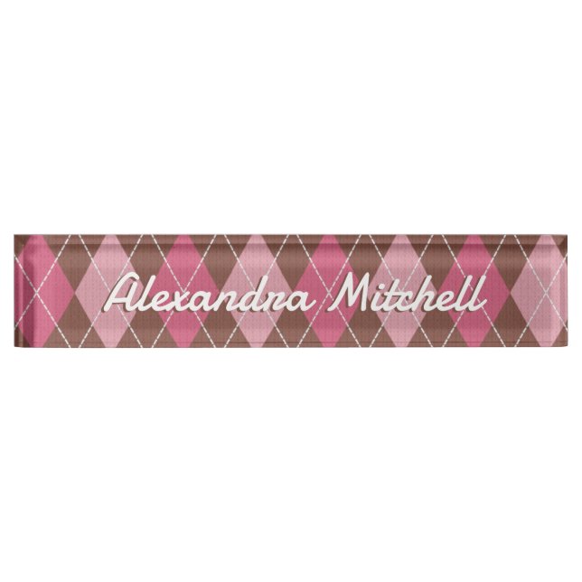 Pink Argyle on Brown Diamond Pattern - Your Name Nameplate (Front)