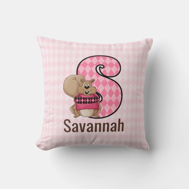 Pink Argyle Patterned Letter S for Squirrel Girls Cushion (Front)