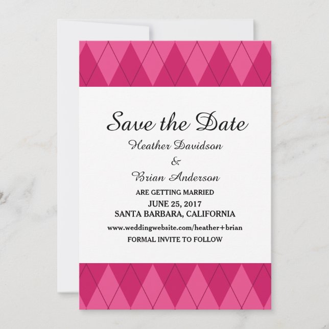 Pink Argyle Save the Date Invite (Front)