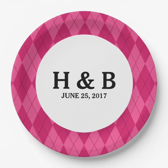 Pink Argyle Wedding Paper Plates (Front)