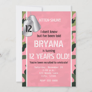 PINK Army Dog Tags Camouflage Party Invitations