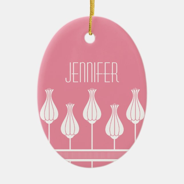 Pink Art Deco Floral Oval Ornament (Front)