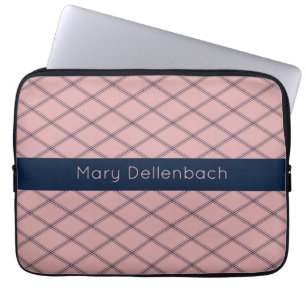 Pink Art Deco Pattern with Navy Name Stripe Laptop Sleeve