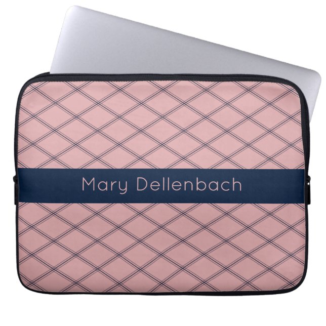 Pink Art Deco Pattern with Navy Name Stripe Laptop Sleeve (Front)