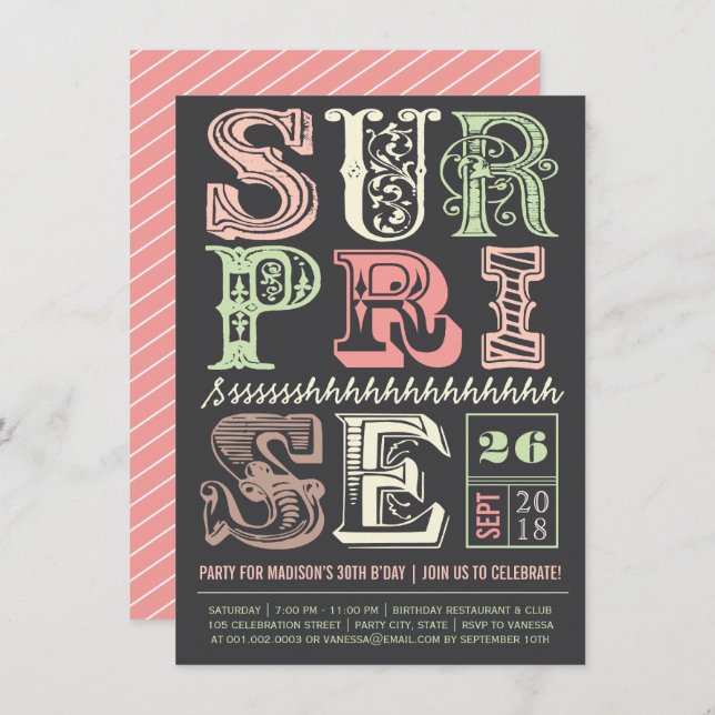 Pink Art Deco Surprise Party Adult Birthday Invite (Front/Back)