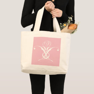 Pink Art Deco White Flourish Rose Large Tote Bag