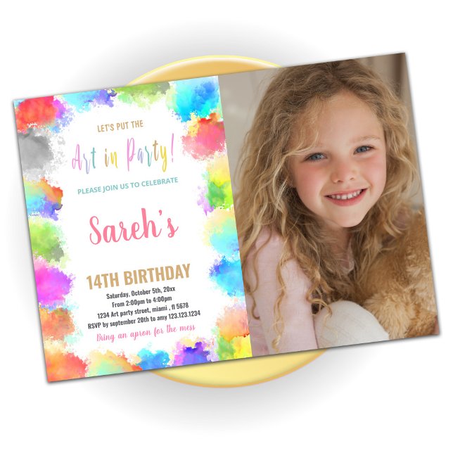 Pink Art in Party Paint Birthday with photo Invitation (Creator Uploaded)