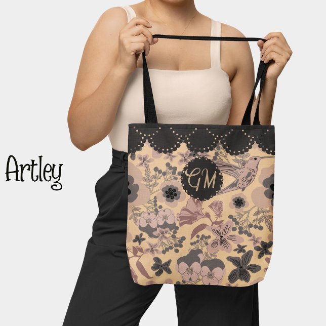 Pink Art Nouveau Botanical Hummingbird Monogram  Tote Bag (Creator Uploaded)