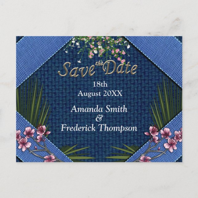 Pink arty Flowers on Blue-fabric texture Announcement Postcard (Front)