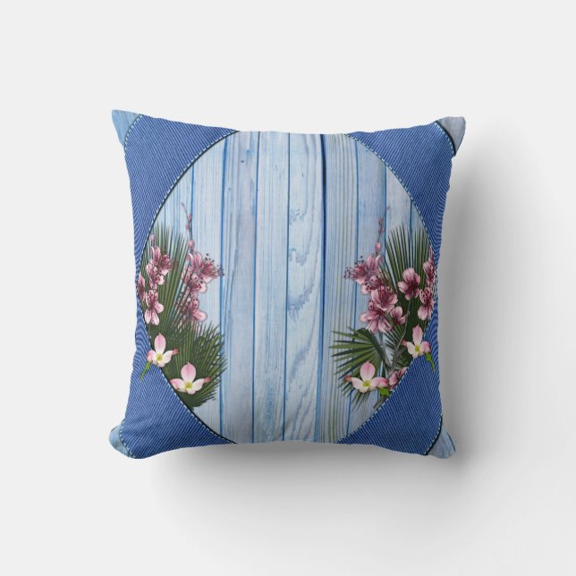 Pink Arty Flowers on Blue-wood-Fabric texture Cushion (Front)