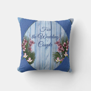 Pink Arty Flowers on Blue-wood-Fabric texture Cushion