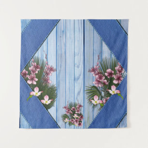 Pink Arty Flowers on Blue-wood-Fabric texture Tapestry