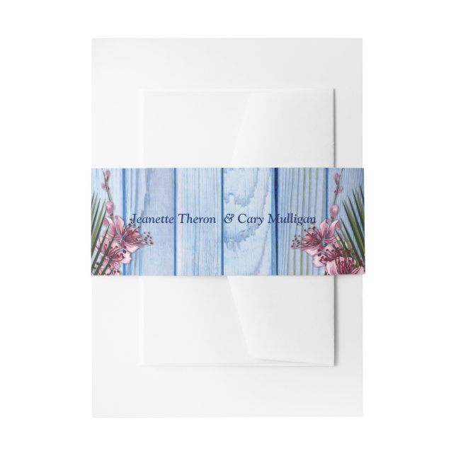 Pink Arty Flowers on Blue-wood Texture Belly Band Invitation Belly Band (Front Example)
