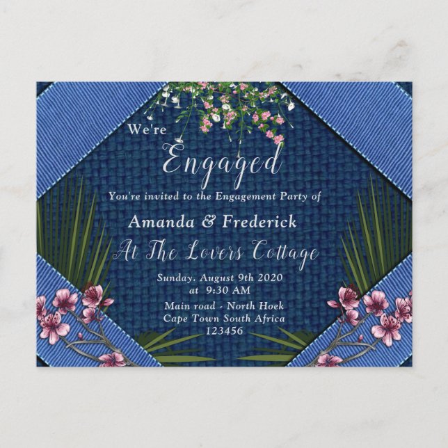 Pink arty Flowers on Blue-wood texture Engagement Invitation Postcard (Front)